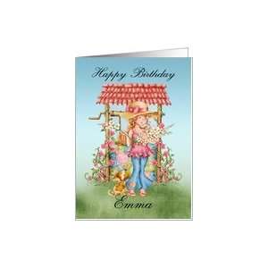 Cute Girl And Wishing Well Birthday Card   Happy Birthday Card