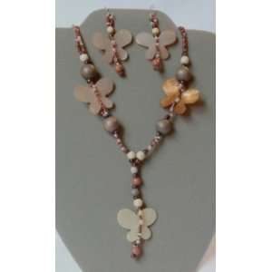   Bead Butterfly Necklace & Earring Set (Tans & Browns) 