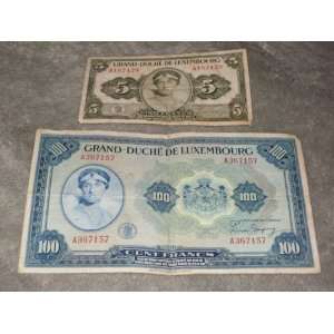 Vintage 1940s   100 Cent Francs & 5 Cino Francs Luxembourg Bank Note 
