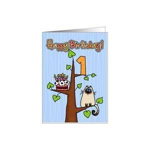  Happy Birthday   1 year old   Kitty and Cake in tree Card 