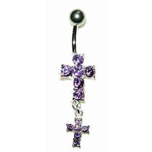  Double Cross Belly Button Ring with Amethyst gemstones 
