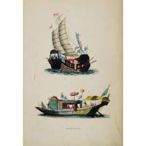 1845 Print Chinese Junk Sail Sailing Boat Ship China   Hand Colored 