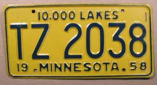 1958 Minnesota License Plate #TZ 2038 Very Nice  