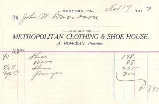 Metropolitan Clothing & Shoe House Bedford PA Billhead  