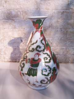 CHINESE DECORATED TALL VASE GLAZED TERRA COTTA  