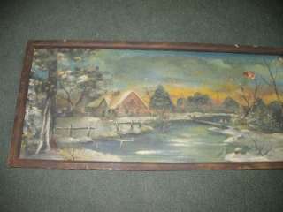LARGE VINTAGE OIL PAINTING MOUNTAIN SNOW SCENE COTTAGE ALONG RIVER 