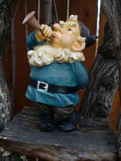 10 INCH GNOME BLOWING TRUMPET NOME BLUE SHIRT HORN  