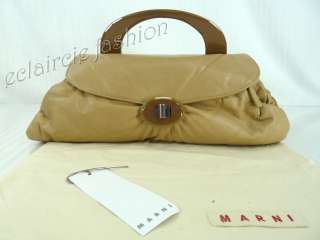 MARNI Retro Acetate Handle Tan Leather Drawstring Flap Handbag NEW 