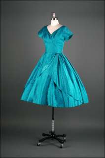1297  Vtg 50s Teal Brocade Tulle Cocktail Wedding Bridal Prom Party 