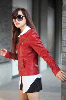 Womens Slim Round Neck Zip Up Leather Jacket Red Z05  