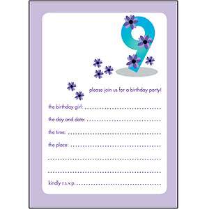 Pack of 10 Childrens Birthday Party Invitations 9 Years Old Girl BPIF 