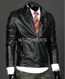 Mens Slim Fit Zip Up Leather Jacket Coat Black Z98  