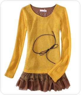   NECK PATCHWORK CHIFFON LACE KNIT TOP BLOUSE BELT INCLUDED 1732  