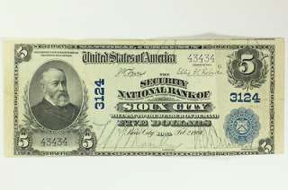 1902 Five Dollar $5 Bill Security National Bank Sioux City Note Blue 