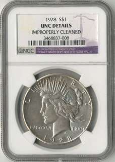 HJB 1928 Peace Dollar, UNC Details, NGC, Improperly Cleaned  