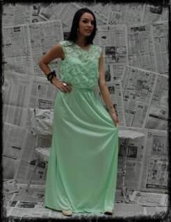 Vintage 70s Lace Seafoam Green Evening Gown Maxi Dress  