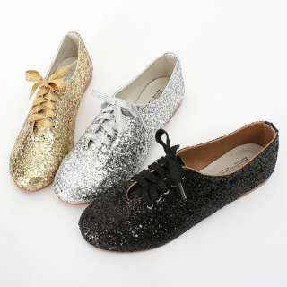 Glittered Leatheratte Lace up Round Toe Flat Sneakers 1cm