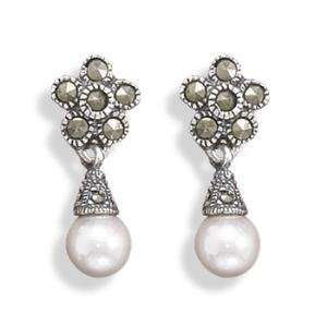  Vintage Style Marcasite Post Earrings with Imitation Pearl 