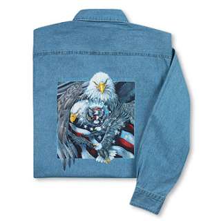 NEW Patriotic Mighty Eagle Wings Denim Long Sleeve Button Down Shirt 