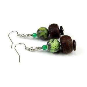 Bodhi Seed, Chrysocola, and Green Aventurine Gemstone Dangle Earrings