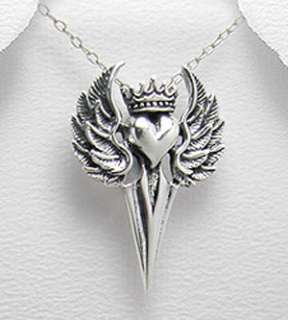 Sterling Silver Royal Harley Dagger Angel Wings Heart Necklace