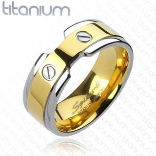 Mens solid titanium ring 2 Tone gold IP with double screws design 