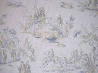 Vintage Pale Blue Yellow Traditional 100% Cotton Toile Drapery 
