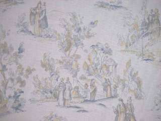 Vintage Pale Blue Yellow Traditional 100% Cotton Toile Drapery 