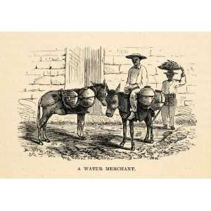  1888 Wood Engraving Water Merchant Portrait Donkey Burro 