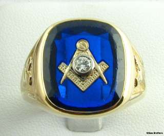 Large Masonic Blue Stone Genuine Diamond Classic Mens Ring   14k Gold 