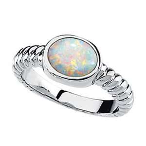  14K White Gold Genuine Opal Ring W/ Decorative Band 