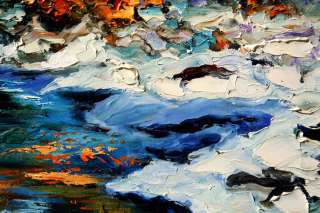 ORIGINAL MODERN WINTER SNOW RIVER THAW Palette Knife Oil Paintings 