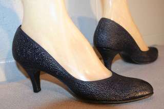 Sz 7 New VTG 50s NAVY BLUE PEBBLE KID LEATHER SPIKE HEEL PinUp NOS Mad 