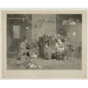   Reprint Interior scene with family gathered around man playing fiddle