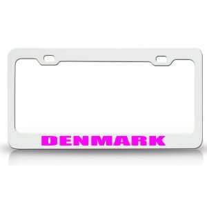 DENMARK Country Steel Auto License Plate Frame Tag Holder, White/Pink