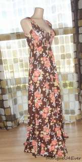 Vintage 70s Brown Floral Empire Maxi Sun Dress Smocked Stretch Bodice 