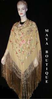 Flamenco Embroidered Silk Piano Shawl Wrap Wheat 84  