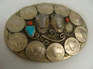Unusual Antique Silver Turquoise Buffalo Coins Belt Buckle  