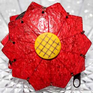 Red Coconut Shell Carve Flower Change Coin Wallet Purse  