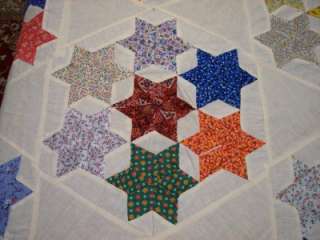 VINTAGE 7 STAR   HAND STITCHED   TINY PRINT COTTON QUILT TOP   QUEEN 