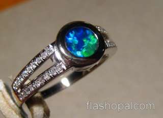 Blue and Green Opal Diamond Ring 14k White Gold  