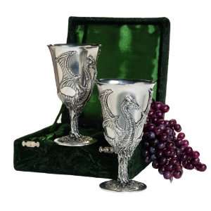  Dragon Pewter Goblets Set of Two with Gift Box Kitchen 