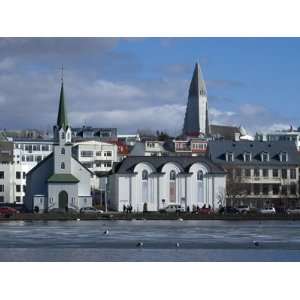 View Over Tjornin (Pond) to Church and Cathedral, Reykjavik, Iceland 