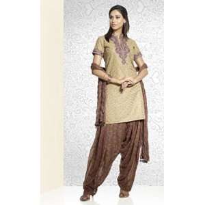  Women Cotton Salwar Kameez Brown with Green Combination 