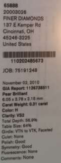 loose .31ct GIA certified pear diamond VS2 H estate  