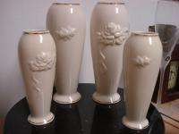 Set of Four Lenox 24K Yellow Gold Handpainted Rimmed Flower Vases with 
