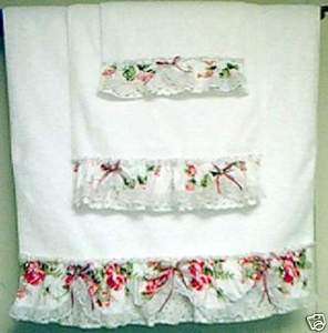 Shabby Cottage Chic Roses 3 pc Bath Towel Set Rachel Floral Fabric 