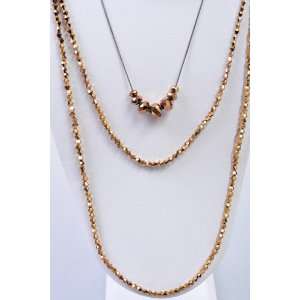  Multi 3 Layered Crystal Bead Chain Necklace Amber 