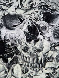 RELIGION Floral Skull Roses Print T Shirt   Black  