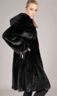 Hooded Black Mink fur coat parka  Astrakhan trimming on the pleats 